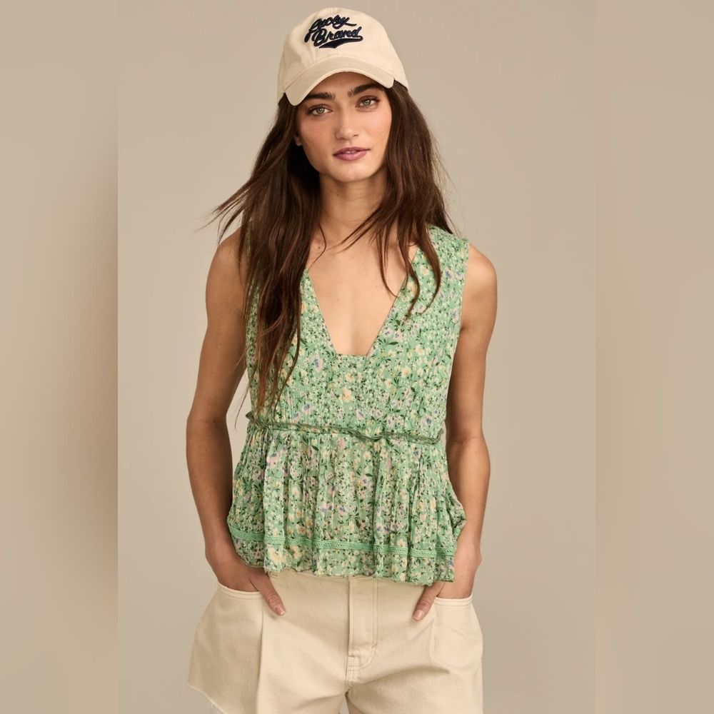 Lucky Brand Green Floral Blouse Printed Ruched Ruffle V Neck Blouse L - NWOT